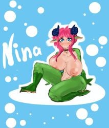 ass big_ass big_breasts blue_eyes booba breasts breasts_bigger_than_head completely_nude dragon_girl eigaka female green_skin horns jolie_the_mindless nina_(eigaka) no_clothes nude pink_hair thick_thighs wide_hips