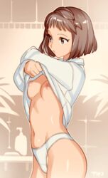 areolae breasts brown_hair clothing female female_only kameyama_hitomi nipples optionaltypo panties shin_seiki_inma_seiden shirt shirt_lift small_breasts solo undressing