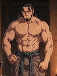 abs ai_generated beard black_hair half-dressed half_naked indoors male_focus male_only muscles muscular muscular_arms muscular_male pecs shirtless shirtless_male stable_diffusion tan_skin thors_snorresson toned toned_body toned_male topless topless_male viking vinland_saga