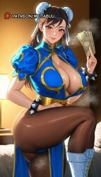 ai_generated ass bandai_namco banknote bed blue_dress blush boots bracelet braid breasts brown_eyes brown_hair brown_pantyhose bun_cover capcom china_dress chinese_clothes chun-li cleavage cleavage_cutout closed_mouth clothing_cutout cross-laced_footwear double_bun dress earrings epic_games female fortnite fortnite:_battle_royale gold_trim hair_bun holding holding_money indoors jewelry knee_boots lace-up_boots lamp large_breasts leg_up lips long_hair looking_at_viewer makeup meitabuu money pantyhose pelvic_curtain prostitution puffy_short_sleeves puffy_sleeves sash short_sleeves smile solo spiked_bracelet spikes standing steaming_body street_fighter street_fighter_6 street_fighter_v sweat thick_thighs thighs twin_braids white_footwear
