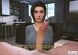 1boy 1girls 3d ashley_(karfex) cheating cheating_wife clothed_female_nude_male female imminent_oral karfex light-skinned_female light-skinned_male light_skin male ntr pov text