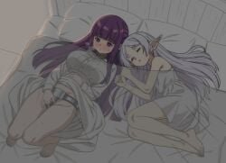 2girls blanket blush breasts chastity_belt closed_eyes clothes_lift commentary_request dress dress_lift elf female female_masturbation fern_(sousou_no_frieren) frieren head_on_pillow hippo_power large_breasts long_hair long_sleeves lying masturbation metal_chastity_cage multiple_girls on_back on_side pillow pointy_ears purple_eyes purple_hair sleeping sleeping_together sousou_no_frieren thighs twintails under_covers white_hair x-ray