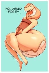 2021 anthro ass big_butt border camel_toe clothing cobra crossed_legs dialogue digital_media_(artwork) dress english_text fangs female flat_chested forked_tongue hands_between_legs huge_butt kkoart legged_snake long_neck looking_at_viewer markings pattern_clothing pinup pose reptile scale_markings scales scalie smile smirk snake solo teeth text thick_thighs tongue unnamed_snake_(kkoart) white_border wide_hips yellow_body