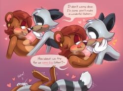 anthro brown_fur duo female furry half-closed_eyes male raccoon speech_bubble toontown_corporate_clash toontown_online white_fur