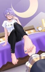 anya_melfissa barefoot embarrassed_female feet feet_focus feet_up foot_fetish girarikyo glasses holding_feet hololive hololive_indonesia moona_hoshinova painted_toenails purple_hair short_hair sitting_on_bed tagme toes two_tone_hair vtuber