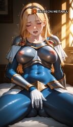 abs ai_generated armor ass_visible_through_thighs black_hairband blonde_hair blue_eyes blush bodysuit boobplate breastplate breasts cameltoe capelet closed_eyes clothed_masturbation collarbone covered_abs covered_navel covered_nipples drooling female female_masturbation fingering gloves hair_between_eyes hairband indoors large_breasts league_of_legends league_of_legends:_wild_rift light_particles long_hair lux lux_(league_of_legends) lux_legue_of_legends luxanna_crownguard masturbation masturbation_through_clothes meitabuu motion_lines nipples on_bed open_mouth riot_games saliva see-through shoulder_armor sitting skin_tight solo spread_legs sweat thighs through_clothes trembling white_gloves window