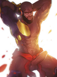 abs areola armpit_hair armpits bald balls bara beard biceps blizzard_entertainment brown_eyes cinnabarbie clothing cyborg dark-skinned_male dark_skin doomfist erection facial_hair hair human looking_at_viewer male male_only manly markings muscles mustache navel nipples nude overwatch pecs penis pose pubes raised_arm solo squint standing thick_penis thick_thighs tribal_markings triceps vein veiny_penis video_games yaoi