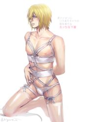 1boy blonde_hair blue_eyes blush bulge crotch dash10 eizen_(tales) full_body kneeling lingerie looking_away male male_only solo tagme tales_of_(series) tales_of_berseria underwear