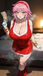 ai_generated alternate_breast_size amy_rose banknote bed bedroom blush boots bracelet breasts cartoon_network cleavage closed_mouth collarbone covered_navel dress female full_body gloves green_eyes hair_between_eyes hairband holding holding_money huge_breasts indoors jewelry lamp large_breasts lips looking_at_viewer medium_hair meitabuu money on_bed pillow pink_hair prostitution red_dress red_footwear red_hairband sega short_dress short_hair smile solo sonia_the_hedgehog sonic_(series) sonic_boom sonic_the_hedgehog_(series) sonic_underground standing steaming_body sweat thighs white_gloves