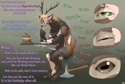 3:2 absurd_res animal_genitalia animal_penis antlers blonde_hair bodily_fluids brown_body brown_fur cake cervine cervine_genitalia cervine_penis clothed clothing cloven_hooves cum cumshot curled_tail deer dessert dialogue diethyl eating eating_food ejaculation feral food fur fur_growth genital_fluids genitals growth hair hi_res hooves horn human human_to_feral hypnosis identity_death intelligence_loss long_penis long_tongue loss_of_dexterity loss_of_self male mammal mid_transformation mind_alteration mind_control penis quadruped red_deer saliva solo species_transformation tail text tongue transformation