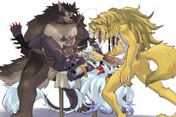 absurd_res anthro balls big_balls big_penis bruno_(rossciaco) canid canine canis collar coyote cum cumshot digitigrade dislyte double_penetration ejaculation genitals grey_body group hair hi_res humanoid_genitalia humanoid_penis lilith_games long_hair male male/male mammal masturbation mindnaughty nian_(species) penetration penis sui_zai_(dislyte) trio wenlock white_hair wolf yellow_body
