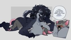 angry anthro big_breasts black_body black_fur black_tongue blush breast_smother breasts claws duo female fur hi_res huge_breasts hyena large_teeth male male/female mammal murid murine muscular muscular_anthro narita_vilores rat rodent size_difference smaller_male smothering speech_bubble spots stupidgnoll text tongue unposturedfile