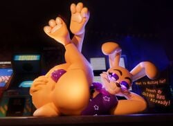 3_toes 3d_(artwork) anthro anus ass balls bedroom_eyes bottomless bottomless_anthro bottomless_male bow_tie buckteeth butt_grab clothed clothing crossed_legs dialogue digital_media_(artwork) english_text eyeshadow feet five_nights_at_freddy's five_nights_at_freddy's:_help_wanted genitals glistening glistening_balls glistening_genitalia glitchtrap glowing glowing_eyes hand_on_butt hand_on_own_butt hi_res inside lagomorph legs_up leporid lying lying_on_ground makeup male mammal narrowed_eyes on_back on_ground open_clothing open_shirt open_topwear pawpads presenting presenting_anus presenting_hindquarters purple_balls purple_clothing purple_eyes purple_eyeshadow purple_shirt purple_topwear rabbit scottgames scut_tail seductive shirt short_tail solo star_print tail teeth text toes topwear vincead watermark whiskers