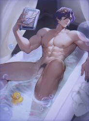 1boy abs bara bath bathing biceps completely_nude completely_nude_male dr._ratio_(honkai:_star_rail) genjiro holding_object honkai:_star_rail honkai_(series) legs male male_focus male_only muscular muscular_arms muscular_chest muscular_male naked naked_male nipples nude nude_male pecs pectorals penis pubic_hair rubber_duck solo solo_male thighs