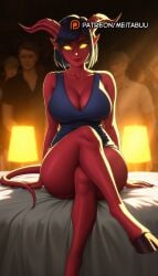 ai_generated bare_shoulders bed black_hair blizzard_entertainment blue_dress blurry blurry_background breasts cleavage collarbone colored_sclera colored_skin crossed_legs demon_girl demon_horns demon_tail draenei dress female glowing glowing_eyes hooves horns indoors lamp large_breasts looking_at_viewer meitabuu multiple_boys no_pupils on_bed pointy_ears red_skin short_dress short_hair sitting sleeveless smile solo_focus tail warcraft world_of_warcraft yellow_eyes yellow_sclera