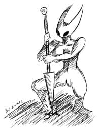 bezumec bezumec_artist black_and_white female high high_resolution hollow_knight hollow_knight:_silksong hollow_knight_(franchise) hornet hornet_(hollow_knight) naked silksong sketch spear