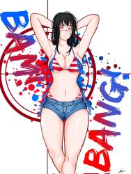 1girls american_flag american_flag_bikini bikini bikini_bottom bikini_top black_hair chainsaw_man demon demon_girl devil devil_girl female female heroine light-skinned_female mitaka_asa ringed_eyes scar scar_on_face spiral_eyes straight yoru_(chainsaw_man)