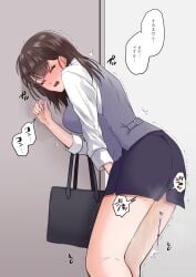1girls bag black_bag breasts brown_hair closed_eyes didn't_make_it_in_time female have_to_pee kinagirea leaking leaking_urine long_hair office_lady omorashi open_mouth original original_character peeing peeing_self pencil_skirt solo translation_request wetting wetting_self