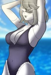 arms_behind_head big_breasts darkxmoza_off glasses murder_drones swimsuit v_(murder_drones) worker_drone