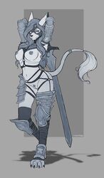 anthro armor breasts canine clothing female fleet-foot fur greatsword hair jackal legwear long_hair mammal mask melee_weapon nipples simple_background solo stockings sword weapon white_fur