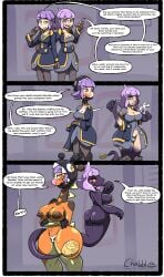 2girls amber_eyes ass breasts chabble clothes_removed comic dialogue farigiraf female floating ghost ghost_girl giraffe large_ass large_breasts lavander_hair mask pokemon purple_eyes ripped_clothing spotted_body thick_thighs transformation villain yamask