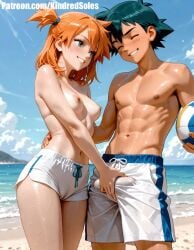 ai_generated beach breasts breasts_out cameltoe couple crotch_grab erection erection_under_clothes fit fondling fondling_balls ginger grabbing_penis hand_on_back holding_penis horny horny_female kasumi_(pokemon) nipples orange_hair pokemon pokemon_rgby pubic_hair pubic_hair_peek public public_indecency public_nudity pussy pussy_lips pussy_outline satoshi_(pokemon) seaside shorts side_ponytail small_breasts smirk sunny teasing toned topless volleyball