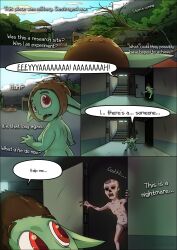 absurd_res comic english_text female goblin greenbuncafe group hi_res horror_(theme) hospital humanoid inner_monologue male outside post-apocalyptic speech_bubble text thinking trio undead zombie