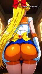 ai_generated aino_minako ass ass_focus bike_shorts bishoujo_senshi_sailor_moon blonde_hair blue_skirt bow breasts choker elbow_gloves facing_away female from_behind gloves hairbow heart long_hair magical_girl meitabuu miniskirt orange_choker orange_sailor_collar orange_shorts orange_skirt pleated_skirt red_bow sailor_collar sailor_senshi_uniform sailor_venus shirt short_sleeves shorts skirt solo thighs very_long_hair white_gloves white_shirt yellow_bow