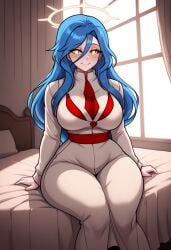 ai ai_generated bedroom blue_eyes blue_hair civitai curvaceous curvy curvy_female curvy_figure eteeming female female_only genderswap_(mtf) halo lamp palace robe rule_63 scp-3221 scp_foundation sitting_on_bed sitting_on_chair solo thicc yellow_eyes
