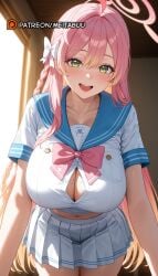 :d ahoge ai_generated blue_archive blue_sailor_collar blush bow bowtie braid breasts button_gap buttons ceiling cleavage collarbone female gradient_hair green_eyes hair_between_eyes hairbow halo hanako_(blue_archive) hanako_(swimsuit)_(blue_archive) huge_breasts indoors large_breasts leaning_forward long_hair looking_at_viewer meitabuu midriff miniskirt mole mole_on_breast mole_on_thigh multicolored_hair navel open_mouth partially_unbuttoned pink_bow pink_bowtie pink_hair pink_halo pleated_skirt pocket sailor_collar school_uniform serafuku shirt short_sleeves single_braid skirt smile solo teeth thighs upper_teeth_only very_long_hair white_bow white_serafuku white_shirt white_skirt window