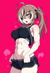 1girls ahoge ai_generated black_shorts blush brown_hair choker covered_nipples female hololive hololive_english large_breasts muscular_female nanashi_mumei nanashi_mumei_(emo) no_panties shorts_pull sports_bra steam sweat thick_thighs thighs twintails virtual_youtuber yellow_eyes