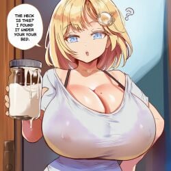 ai_generated ameanon big_breasts blonde_hair blue_eyes breasts cleavage cum cum_jar hololive hololive_english hololive_myth huge_breasts large_breasts text virtual_youtuber vtuber watson_amelia