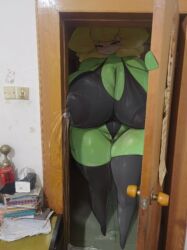 1girls bedroom_eyes black_legwear black_leotard cleavage door doorframe female green_skin huge_breasts lactation looking_at_viewer milk naughty_face nipple_outline photo_background plants_vs_zombies solar_flare_(pvz) solo sunflower_(pvz) tall_female thick_thighs voluptuous wide_hips