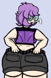 /ctt/ ass ass_focus clothed console-tan exhale female game_boy_advance gba-tan gijinka glasses huge_ass humanization humanized large_ass messy_hair nintendo pulling_up_pants purple_hair shiny_ass shiny_skin short_hair shorts shortstack t-shirt tight_clothing toned toned_female