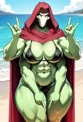 1girls 4_arms ai_generated beach big_breasts bikini breasts busty cape cleavage cleft_of_venus darksiders darksiders_3 envy_(darksiders) female female_focus female_only glowing_eyes green_body green_eyes green_skin humanoid large_breasts mask masked masked_female micro_bikini no_humans sole_female solo solo_female solo_focus tagme thick_thighs thighs