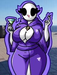 bald bald_female black_eyes breasts chetoh claire_(chetoh) cleavage drink egg female female_focus female_only holding holding_drink holding_object hood looking_at_viewer oc original original_character photo_background purple_robe robe robe_only smile smiling smiling_at_viewer white_body