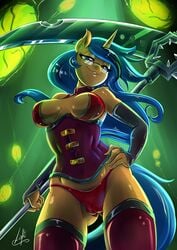 2017 anthro anthrofied armwear blue_hair breasts cameltoe cleavage clothed clothing elbow_gloves equine eyewear fan_character fangs female glasses gloves hair horn horse light262 looking_at_viewer low-angle_view mammal melee_weapon my_little_pony panties polearm scythe solo succubus thong underwear unicorn weapon worm's-eye_view