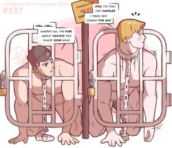 3boys all_fours cattletag chastity chastity_cage dan_draws_boys duo_focus english_text gay human_cattle leash_and_collar locked male_only nude_male submissive_male sweatdrop yaoi