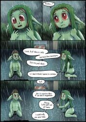 absurd_res ass bodily_fluids breasts colored comic crying dialogue digital_drawing_(artwork) digital_media_(artwork) duo english_text female flaccid genitals glistening glistening_body goblin green_body green_skin greenbuncafe hi_res humanoid male male/female nude outside parking_lot penis pointy_ears raining shaded shirt_on_head short_stack signature tears teeth text