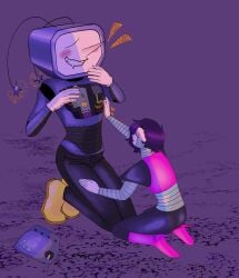 deltarune deltarune_chapter_3 exposed_wires heel_boots heels kneeling male male/male male_only mettaton mettaton_ex nervous nervous_smile problematicworm robot robot_humanoid smirking tenna_(deltarune) tv_head tv_screen wireplay wires yaoi