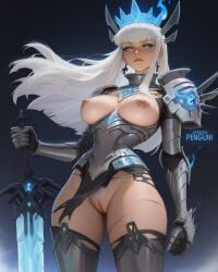1girls ai_generated armor armored_female artist_name big_sword blue_eyes breasts breasts_out clothed cowgirl_position crown damaged_clothes domination earrings exposed exposed_pussy fake_horns female female_domination female_focus female_on_top femdom highres holding light-skinned_female long_hair looking_at_viewer magik_(eldritch_armor) magik_(illyana_rasputin) magik_(marvel_rivals) male male/female marvel marvel_comics marvel_rivals mutant_(marvel) naked nipples patreon_username penetration penguih pubic_hair pussy ripped_clothing simple_background sword thighhighs torn_clothes vagina vaginal_penetration vaginal_sex weapon white_hair white_hair_female white_pubic_hair white_skin
