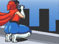 ass binoculars blue_latex boots booty building buildings cape city dat_ass gloves hood mask not_furry not_looking_at_the_viewer oc oc_character original_character the_red_capeness