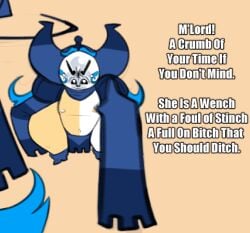 angry black_eyes blue_hair charlemagne_(dongwongtang) dialogue dongwongtang fangs huge_hips insult loincloth long_hair male_shortstack nipples original_character practically_nude shortstack teapot_(body_type) thick_thighs white_skin