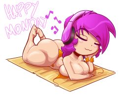 1girls :3 big_ass big_breasts blush braless chibi closed_eyes female female_only headphones huge_ass kogeikun listening_to_music long_hair panties purple_hair solo sunbathing thick_thighs wendolin