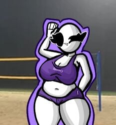 bald bald_female belly belly_button black_eyes breasts chetoh chubby chubby_female claire_(chetoh) cleavage egg female female_focus female_only looking_at_viewer oc original original_character photo_background purple_bra purple_shorts shorts smile smiling smiling_at_viewer sports_bra thighs volleyball_net volleyball_uniform waving waving_at_viewer white_body wink winking_at_viewer