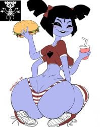 5_eyes ass_body big_ass big_breasts black_lipstick blush breasts burger crop_top cup drink fangs female holding holding_burger holding_cup holding_food holding_object holding_soda looking_at_viewer looking_back looking_back_at_viewer monster_girl muffet multi_eye nipple_bulge plastic_cup soda soda_cup spider_girl thick_thighs thighhighs thong undertale undertale_(series) vivimadnessxxx