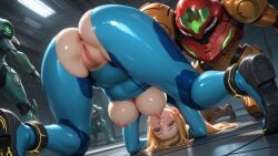 1girls ai_generated all_fours anus arm_cannon armor ass aurora4rt blonde_hair blue_bodysuit blue_eyes blush bodysuit breasts breasts_out female female_pubic_hair from_behind hanging_breasts helmet high_heels indoors large_breasts long_hair looking_at_viewer looking_back metroid mole nintendo nipples no_panties ponytail pubic_hair pussy samus_aran shiny skin_tight torn_bodysuit torn_clothes uncensored weapon zero_suit zero_suit_samus