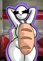 arms_behind_head bald_female black_eyes breasts buns cheese chetoh claire_(chetoh) egg female female_focus female_only food_outfit lettuce looking_at_viewer oc original original_character photo_background practically_nude restaurant sandwich sandwiched smile smiling smiling_at_viewer thighs tongue tongue_out white_body
