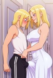 1boy 1futa 2d ai_generated anasheya_(style) black_track_pants black_tracksuit_pants blonde_futa blonde_hair blonde_male blue_eyes blush blush bulge civitai cleavage dress erection erection_under_clothes futa_is_bigger futa_on_male futadom futanari height_difference human human_only large_breasts light-skinned_futa light-skinned_male light_skin looking_at_another malesub penis_size_difference side_view sleeveless sundress track_pants tracksuit_pants white_dress white_sundress