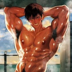 armpit_hair armpits arms_up artist_request bara muscular_male